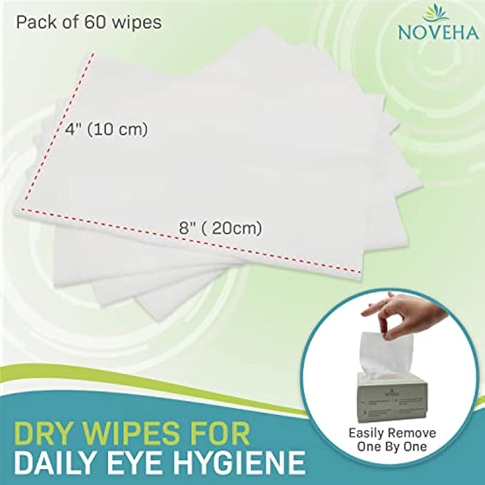 NOVEHA 60PCs Dry Wipes - Gentle & Hypoallergenic Daily Eye & Nasal Cleanser Wipes - Makeup Removal - Calm, Relieve, Soothe, Hydrate Your Skin Naturally - Can be Use with our Foam and Cleanser Line - Image 2