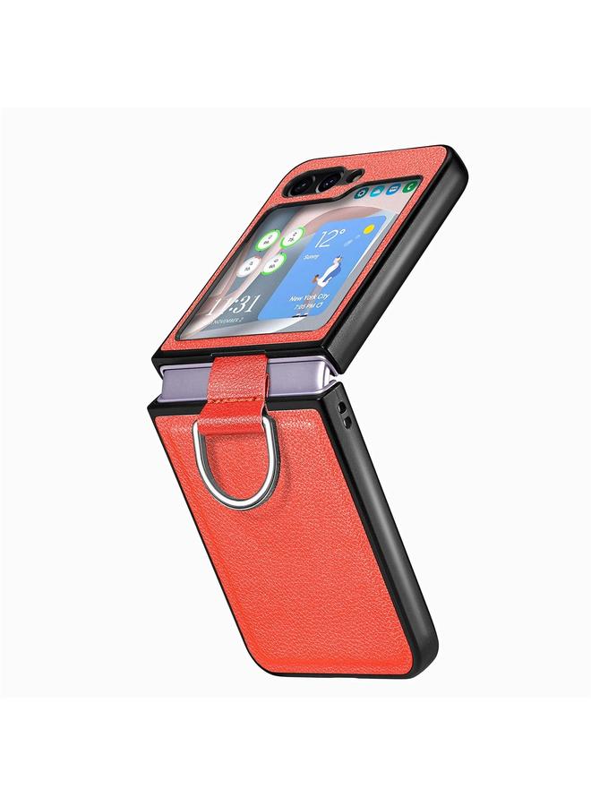 Case For Samsung Galaxy Z Flip5 Litchi Leather Skin PC Folding Phone Case with Phone Ring