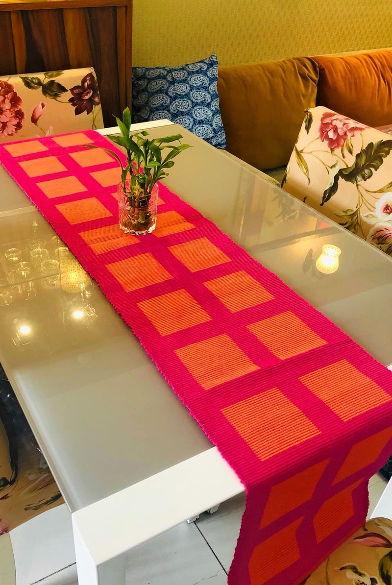Rangbhar Handloom Ribbed Cotton Table Runner for Living/Dining Room/Home Decor, Anti Skid, Reversible, Machine Washable, 12 X 72 inches, Striped, Pink Orange Box - Image 1