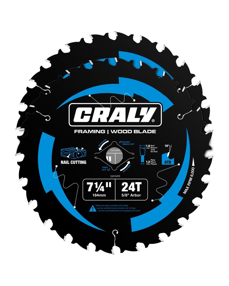 CRALY 714 Inch 24 Teeth Wood Cutting Framing Circular Saw Blade 58 Inch Arbor Carbide Tipped Thin Kerf Black Ice for Plywood MDF OSB Laminated 2PackC0724FR2