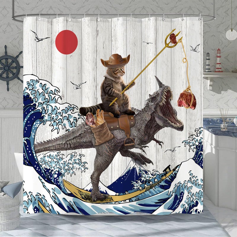 Fowocu Funny Cat Dinosaur Shower Curtain Fun Cool Cat Japanese Ocean Wave Waterproof Fabric Shower Curtains for Bathroom Kids Rustic Wood Farmhouse Bath Curtain Decor 7272 Brown - Image 2