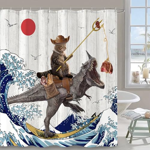 Fowocu Funny Cat Dinosaur Shower Curtain Fun Cool Cat Japanese Ocean Wave Waterproof Fabric Shower Curtains for Bathroom Kids Rustic Wood Farmhouse Bath Curtain Decor 7272 Brown - Image 3