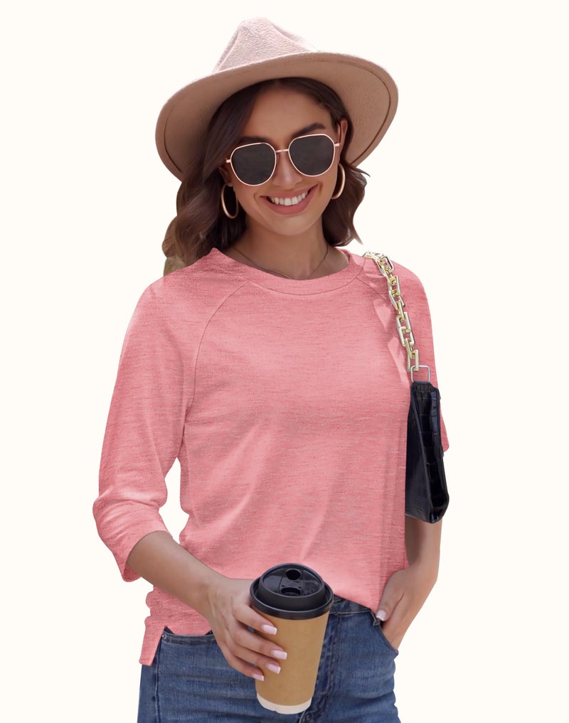 rosemia Womens Shirt 3/4 Sleeve Tops Crew Neck Loose Casual Tshirts Basic Tunic Tops C-Pink - Image 3