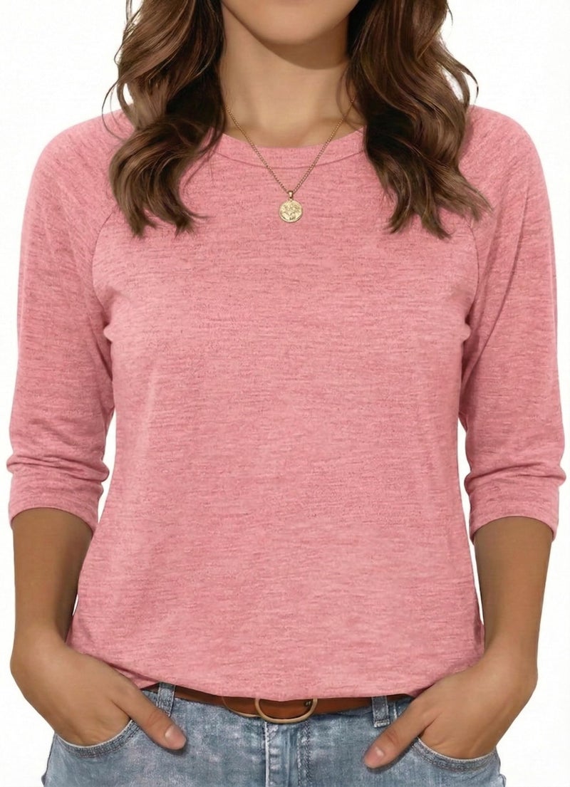rosemia Womens Shirt 3/4 Sleeve Tops Crew Neck Loose Casual Tshirts Basic Tunic Tops C-Pink - Image 1