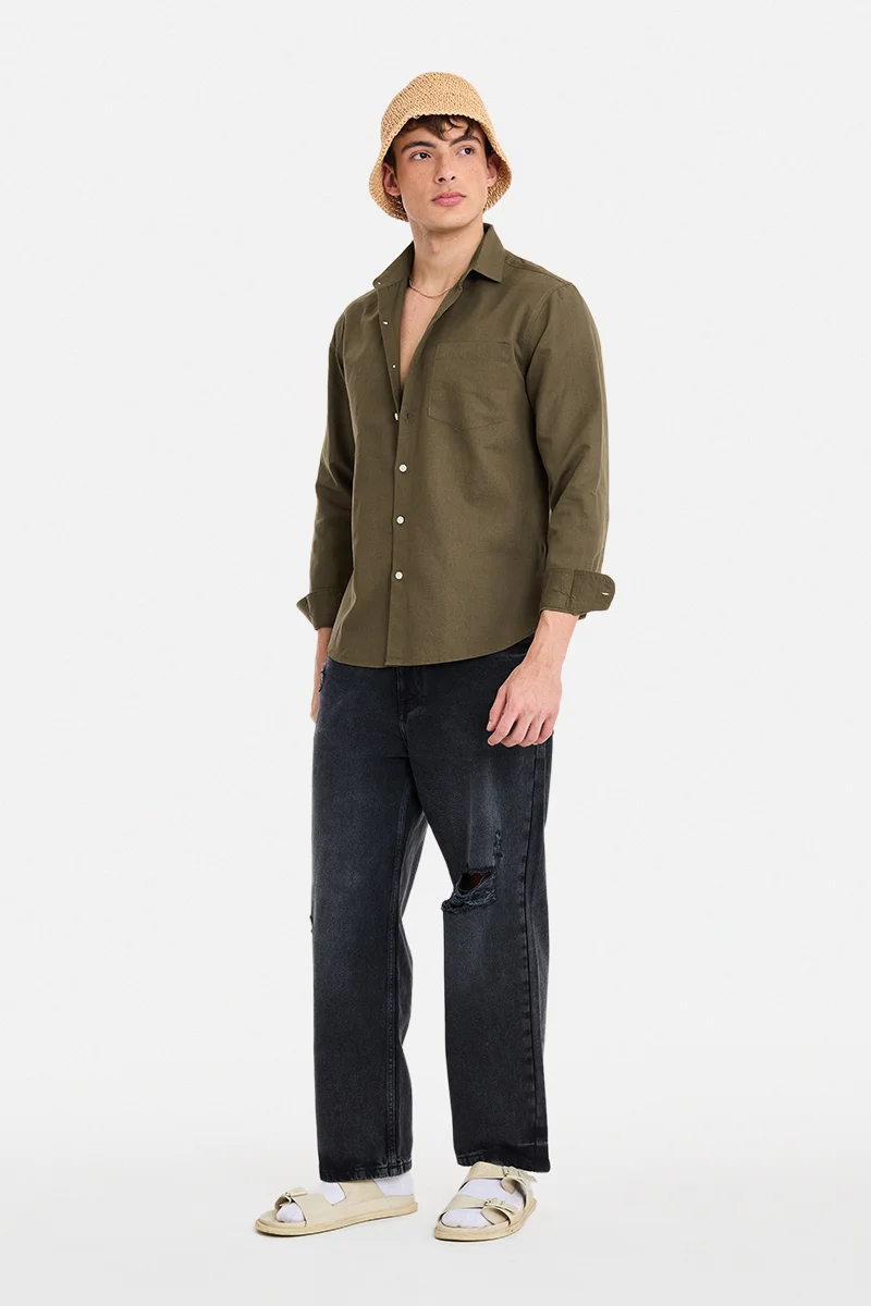 سنيتش Olive Solid Long Sleeve Regular Fit Shirt