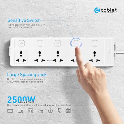 Cablet Extension Board 2500W 10A | 5 Universal Multi Plug Socket with Individual Switches | 4.5 Meter Heavy Duty Cord | LED Indicator, Power Strip & Spike Guard for Home & Office Use - Image 2