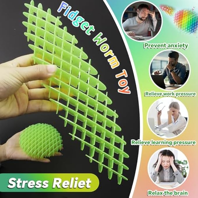 KEJIH Fidget Worm Toy 5PCS - Quiet Worm Sensory Toys,Stress Relief Fidget Toys,Stress Relieving Toys,Resistance Fidget Toys,Anxiety Relief Toys for Kids & Adults,Elastic Mesh Toys (5 Colors Packing) - Image 5
