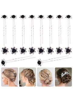 Rustark 40 Pcs Black Crystal Hair Pins Rose Flower Rhinestone Hair Clips U Shaped Hair Pins Bobby Pins Bun Hairpins for Wedding Bridal Women Hair Jewelry Accessories with Storage Case 