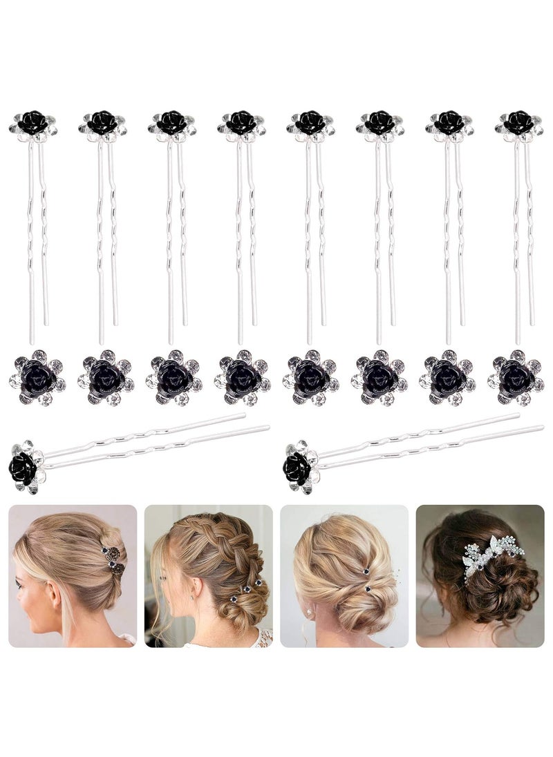 Rustark 40 Pcs Black Crystal Hair Pins Rose Flower Rhinestone Hair Clips U Shaped Hair Pins Bobby Pins Bun Hairpins for Wedding Bridal Women Hair Jewelry Accessories with Storage Case 