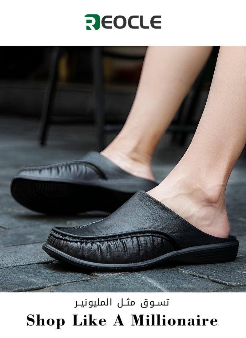 REOCLE - Men's Slippers Slip-On House Slippers with Anti-Skid Rubber Sole & Foot Massage Sheet Design & Cool and Breathable Material Backless Loafers for Indoor Outdoor - Image 1