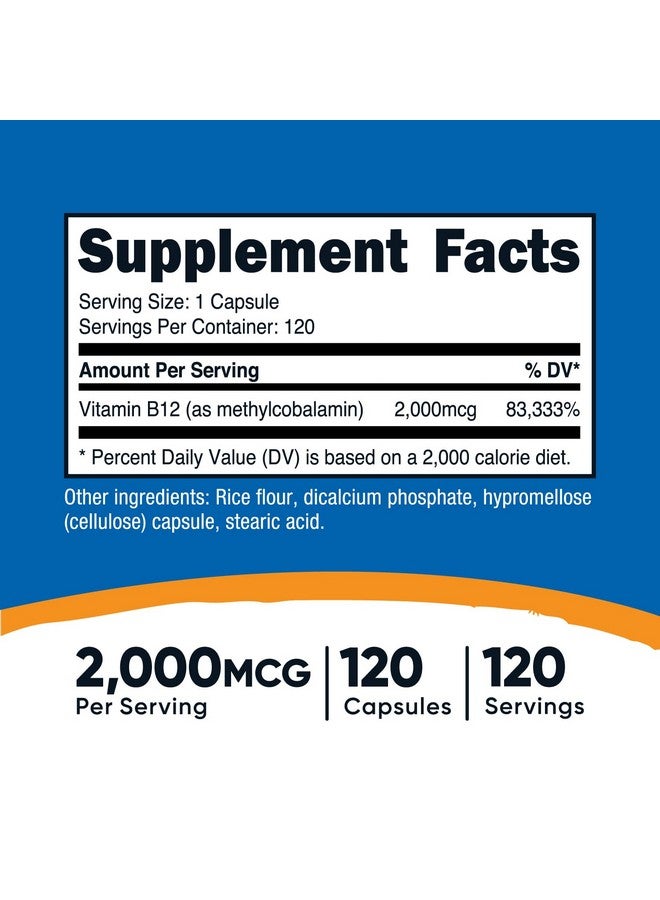 نيوتريكوست فيتامين ب12 (ميثيل كوبالامين) 2000 ميكروغرام، 120 كبسولة - كبسولات نباتية، غير معدلة وراثيًا، مكمل غذائي خالٍ من الغلوتين وفيتامين ب12 - Image 1