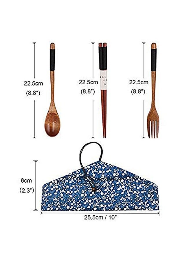 Iktu 3pcs Reusable Spoon Chopsticks Fork Set - Natural Bamboo Wooden Cutlery Set Portable, Reusable Wooden Travel Cutlery Gift Set with Pouch, Flatware Reusable Fork Spoon Chopsticks Set (Pouch Design May Vary) (Black Thread) - Image 2