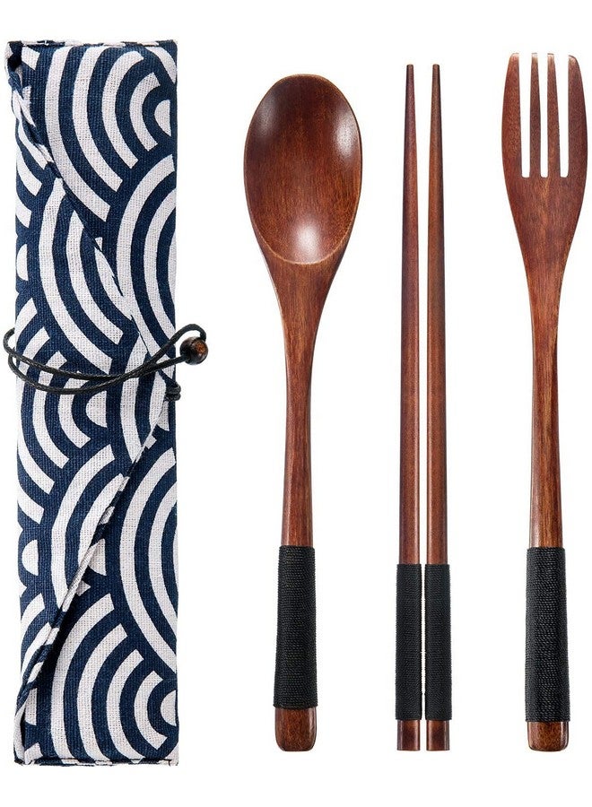Iktu 3pcs Reusable Spoon Chopsticks Fork Set - Natural Bamboo Wooden Cutlery Set Portable, Reusable Wooden Travel Cutlery Gift Set with Pouch, Flatware Reusable Fork Spoon Chopsticks Set (Pouch Design May Vary) (Black Thread) - Image 1
