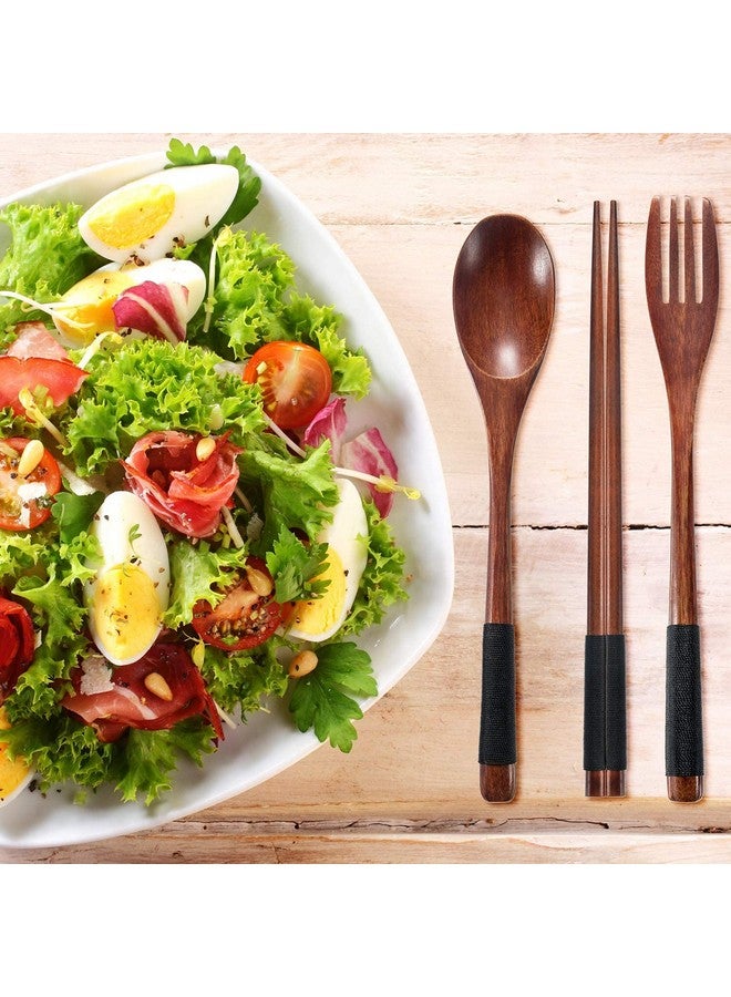 Iktu 3pcs Reusable Spoon Chopsticks Fork Set - Natural Bamboo Wooden Cutlery Set Portable, Reusable Wooden Travel Cutlery Gift Set with Pouch, Flatware Reusable Fork Spoon Chopsticks Set (Pouch Design May Vary) (Black Thread) - Image 4