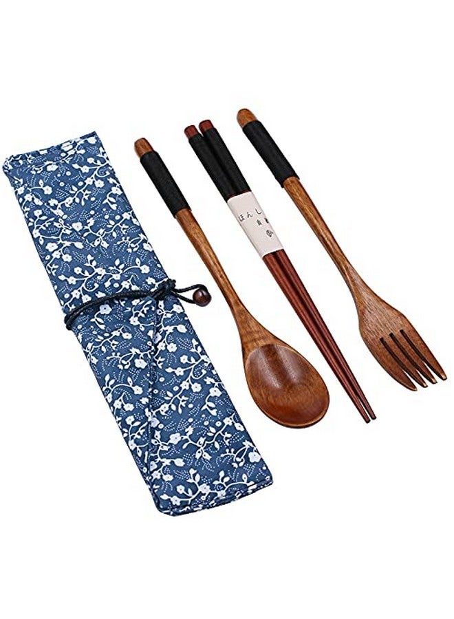 Iktu 3pcs Reusable Spoon Chopsticks Fork Set - Natural Bamboo Wooden Cutlery Set Portable, Reusable Wooden Travel Cutlery Gift Set with Pouch, Flatware Reusable Fork Spoon Chopsticks Set (Pouch Design May Vary) (Black Thread) - Image 5