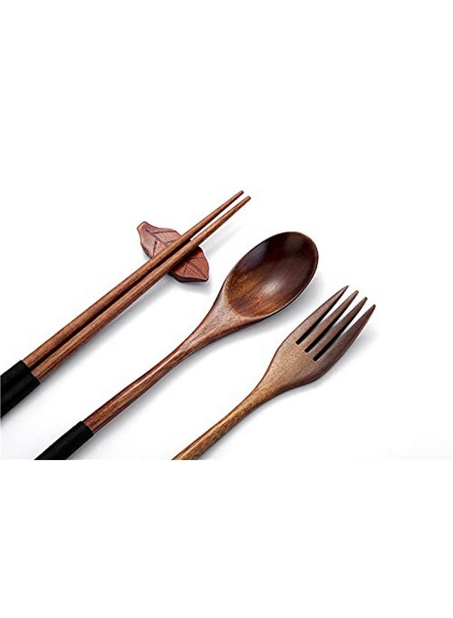 Iktu 3pcs Reusable Spoon Chopsticks Fork Set - Natural Bamboo Wooden Cutlery Set Portable, Reusable Wooden Travel Cutlery Gift Set with Pouch, Flatware Reusable Fork Spoon Chopsticks Set (Pouch Design May Vary) (Black Thread) - Image 3