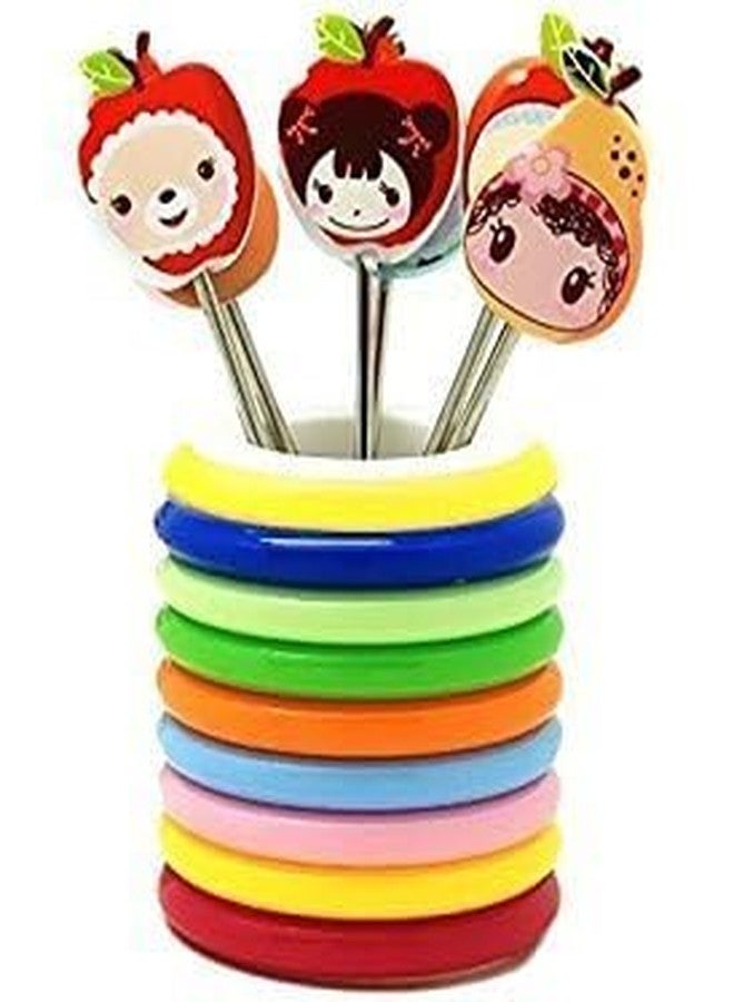 Nimbose® Fruit Fork Cartoon Shape, Multicolored Fruit Salad Forks Set with Stylish Ring Stand, 9.5 cm Size (Small Size, 8 Forks) - Image 1