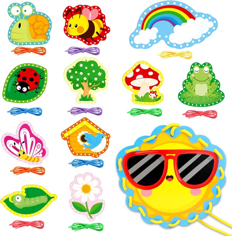Omlisca Springtime Lacing Cards 12 Packs Sewing Kits Rainbow Flower Butterfly Cardboard Sewing Cards Lacing Games for Developing Imagination School Learning Activity Supplies Spring Decorations - Image 1