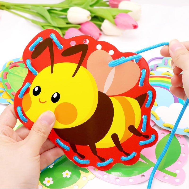 Omlisca Springtime Lacing Cards 12 Packs Sewing Kits Rainbow Flower Butterfly Cardboard Sewing Cards Lacing Games for Developing Imagination School Learning Activity Supplies Spring Decorations - Image 2