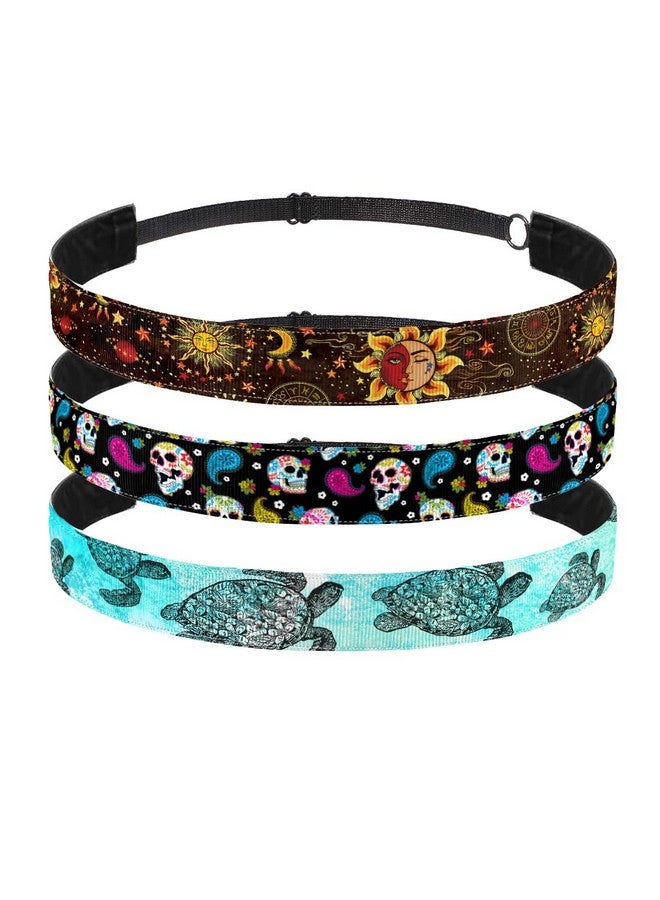 WIRESTER Set Of 3 Elastic Fashion Headbands Adjustable Hair Bands Cute Nonslip Hair Accessories For Women Girls Sea Turtle Celestial Sun Moon And Stars Colorful Sugar Skulls - Image 1
