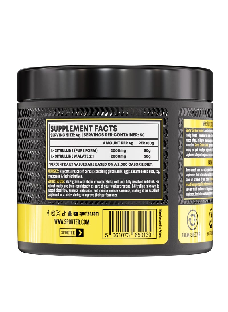 Sporter Citrulline Nitric Boost Complex – 200g | 4g Per Serving | Pure & Malate Blend | Unflavoured | Boosts Endurance & Recovery - Image 2