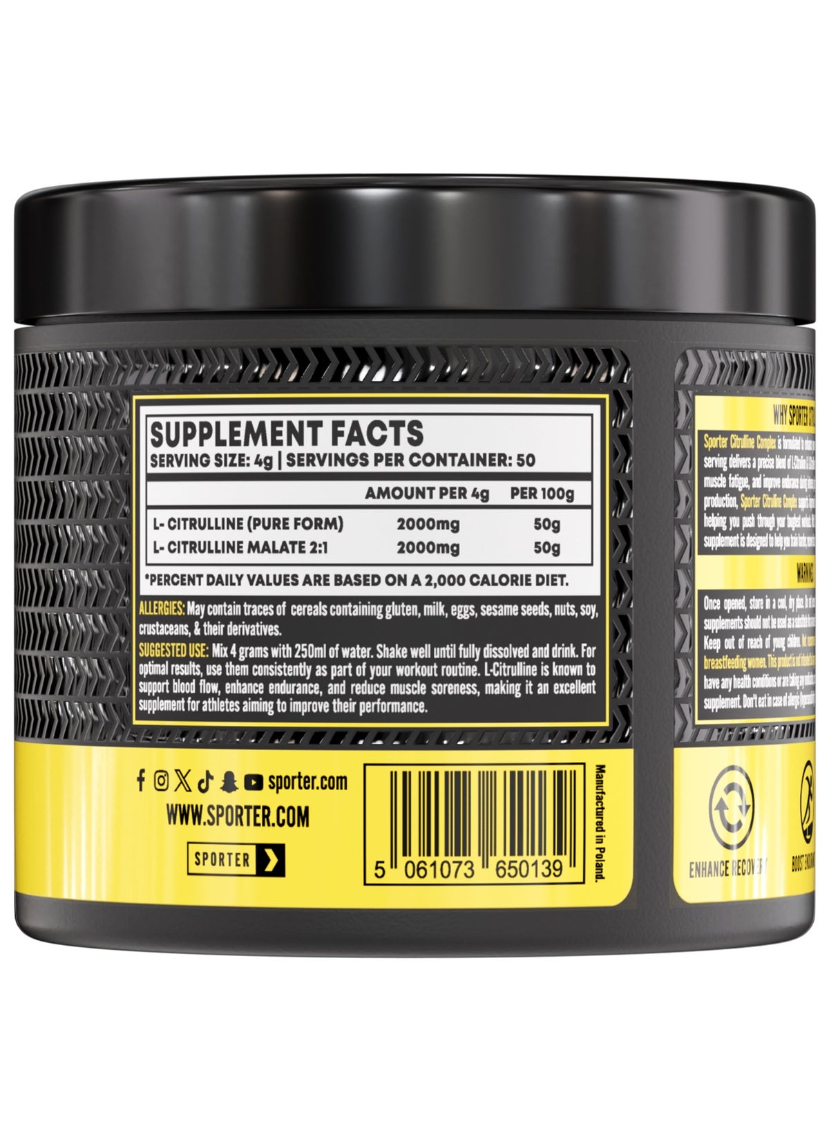 Sporter Citrulline Nitric Boost Complex – 200G | 4G Per Serving | Pure & Malate Blend | Unflavoured | Boosts Endurance & Recovery