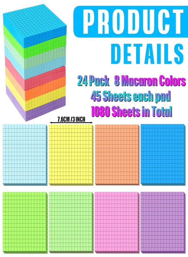 Geosar 24 Pack Lined Grid Sticky Notes 3 x 3 Inch Note Colorful Self Stick Notes Power Memo Pads Strong Adhesive Self Stick Note for Gifts School Office Supplies (Macaron Color) - Image 2