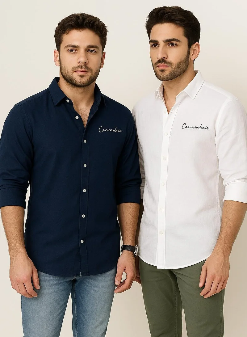 ثوجفيت قميص كتان فاخر عبوة من 2 أبيض + أزرق