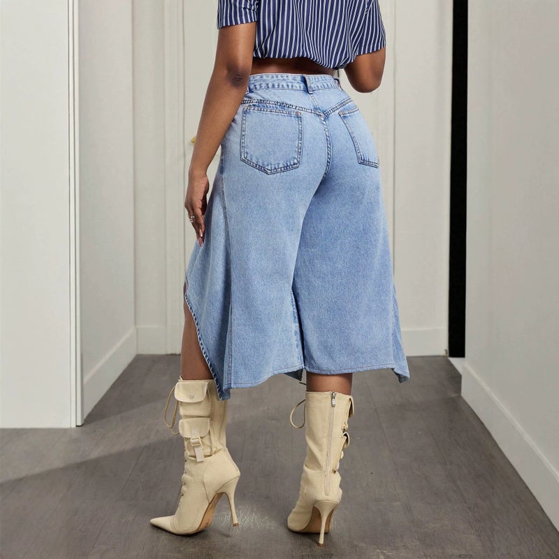 Women's High-Waist Patchwork Denim Culottes - Image 3