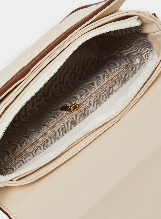 Styli Cream Quilted Handbag with Belt Buckle Detail - Image 4