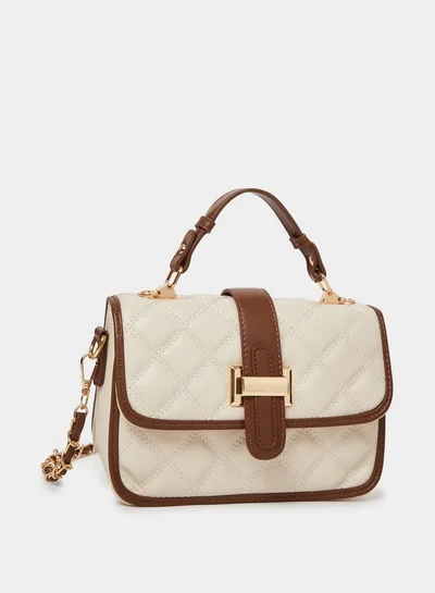 Styli Cream Quilted Handbag with Belt Buckle Detail