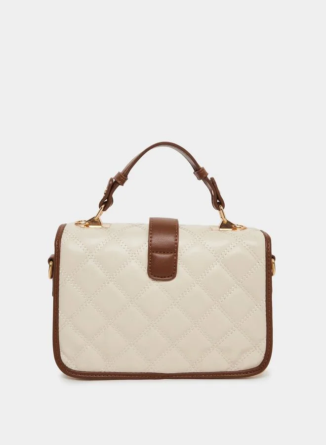 Styli Cream Quilted Handbag with Belt Buckle Detail