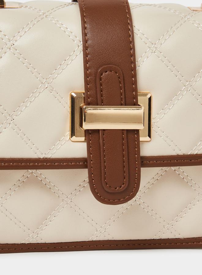 Styli Cream Quilted Handbag with Belt Buckle Detail - Image 3