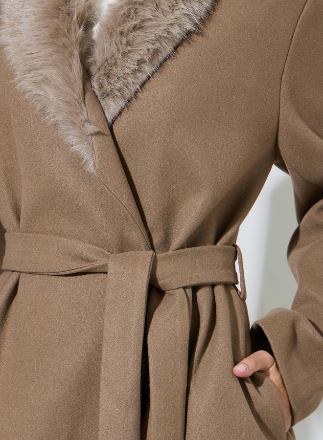 Styli Brown Wool Like Belted Coat with Faux Fur - Image 3