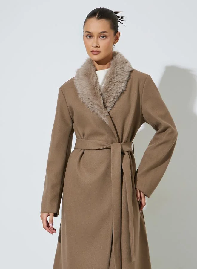 Styli Brown Wool Like Belted Coat with Faux Fur