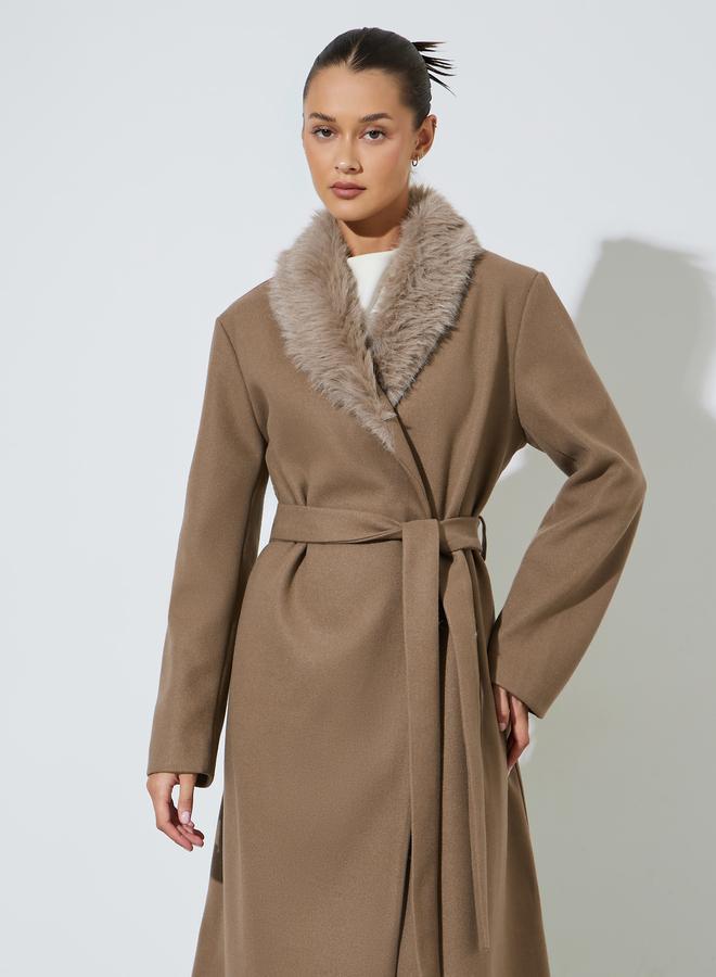 Styli Brown Wool Like Belted Coat with Faux Fur - Image 1