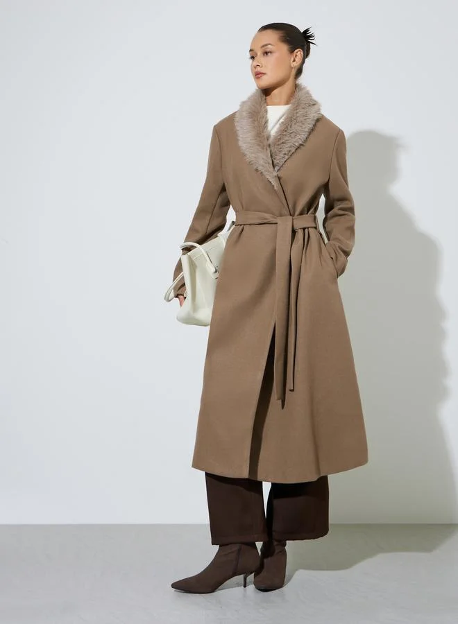 Styli Brown Wool Like Belted Coat with Faux Fur