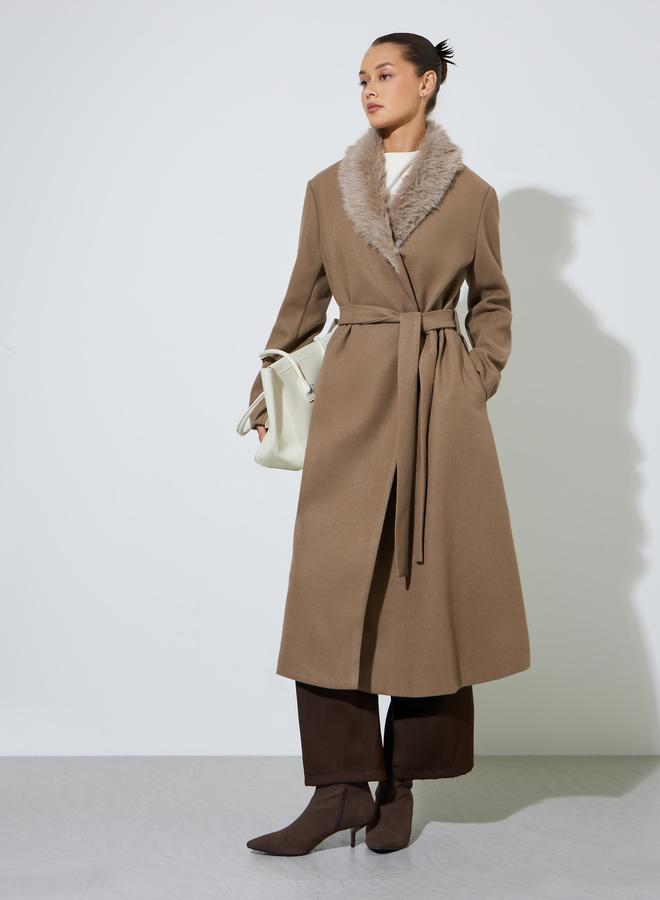 Styli Brown Wool Like Belted Coat with Faux Fur - Image 2