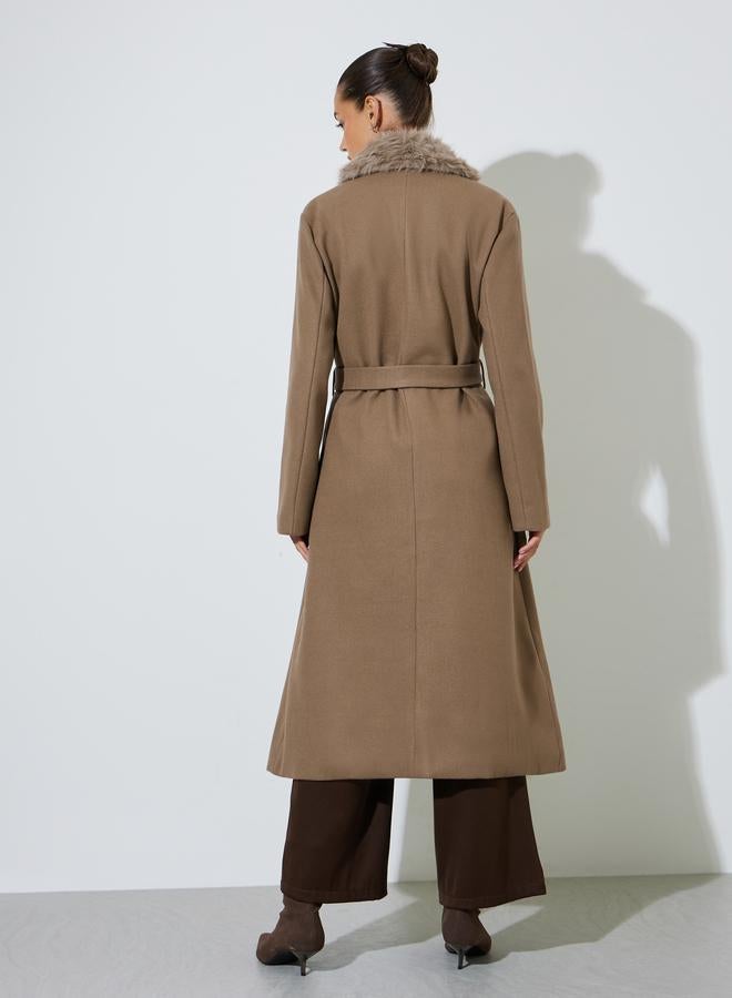 Styli Brown Wool Like Belted Coat with Faux Fur - Image 4