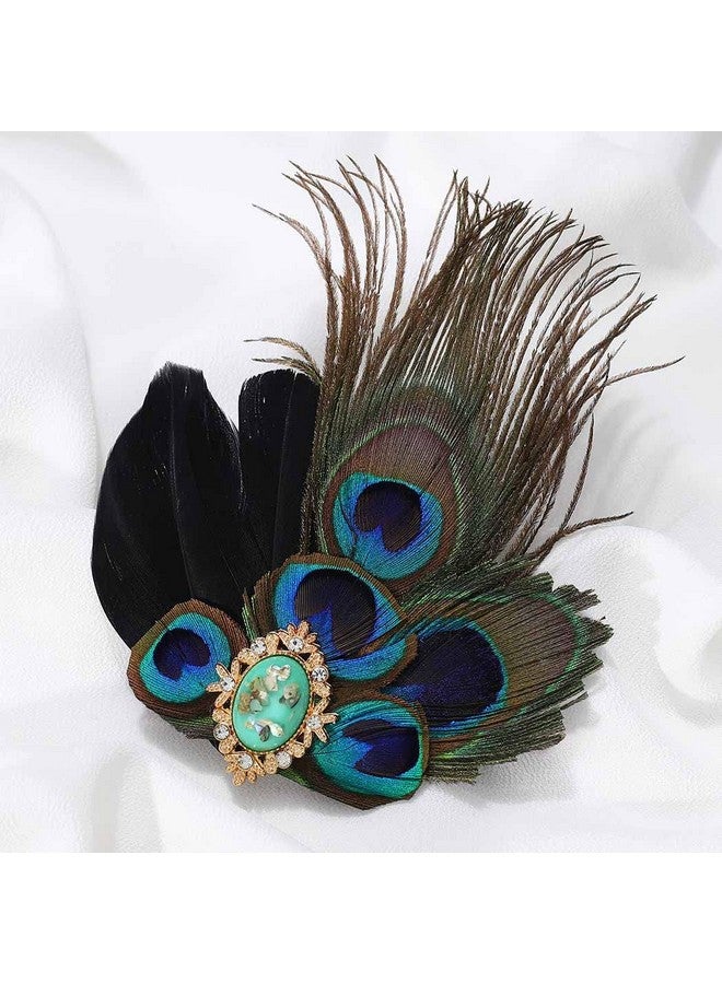 GENBREE 1920S Flapper Headband Peacock Feather Hair Clip Black Feather Headpiece Turquoise Gatsby Hair Clips Prom Party Head Accessories For Women  - Image 2