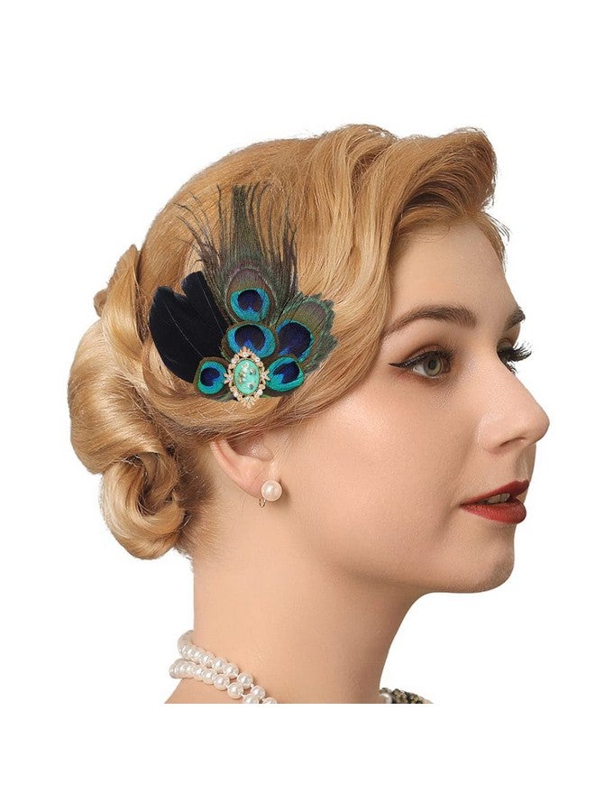 GENBREE 1920S Flapper Headband Peacock Feather Hair Clip Black Feather Headpiece Turquoise Gatsby Hair Clips Prom Party Head Accessories For Women  - Image 1