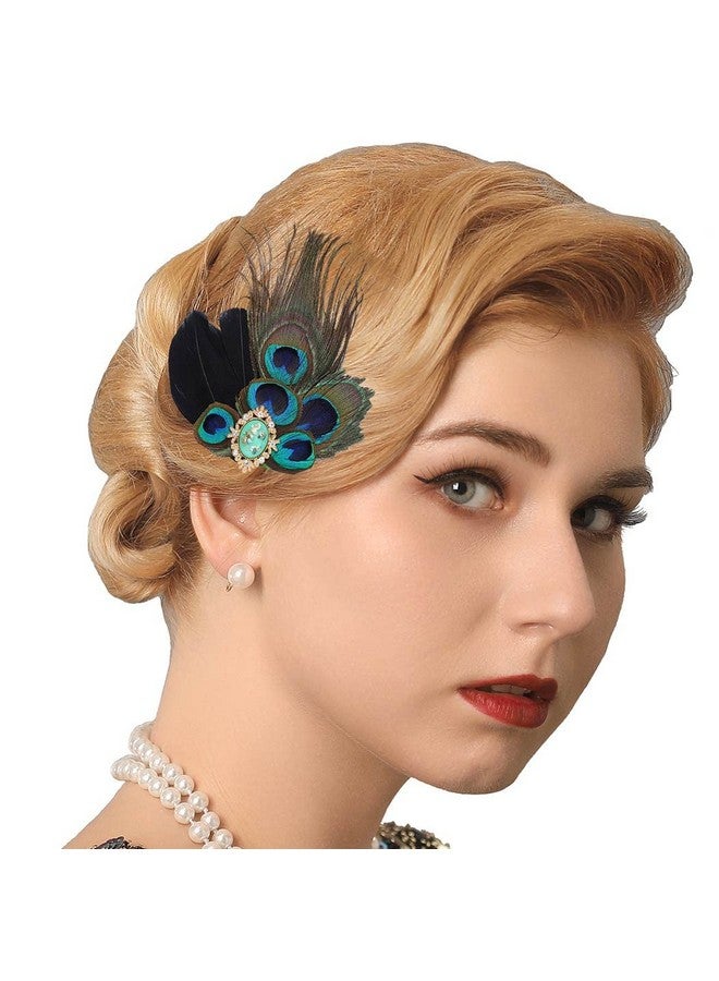 GENBREE 1920S Flapper Headband Peacock Feather Hair Clip Black Feather Headpiece Turquoise Gatsby Hair Clips Prom Party Head Accessories For Women  - Image 4