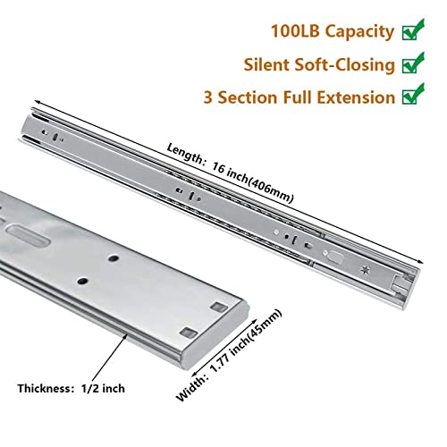 LONTAN 16 inch Heavy Duty Soft Close Drawer Slides 1 Pair 3 Fold Full Extension Ball Bearing Drawer Glides Side Mount Cabinet Rails with Rear Mounting Brackets 100lb Capacity - Image 3