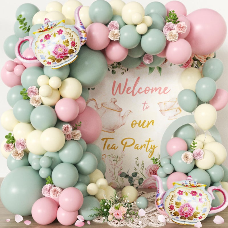 jenlion 102pcs Tea Party Decorations Balloon Garland Arch Kit with 2 Giant Floral Teapot Foil Balloons 1812105 Inch Sage Green Dusty Pink Cream Latex for Girls BirthdayGarden Bridal Shower - Image 3