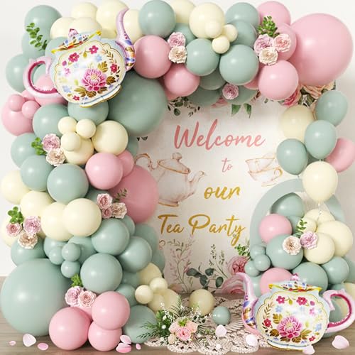 jenlion 102pcs Tea Party Decorations Balloon Garland Arch Kit with 2 Giant Floral Teapot Foil Balloons 1812105 Inch Sage Green Dusty Pink Cream Latex for Girls BirthdayGarden Bridal Shower - Image 1