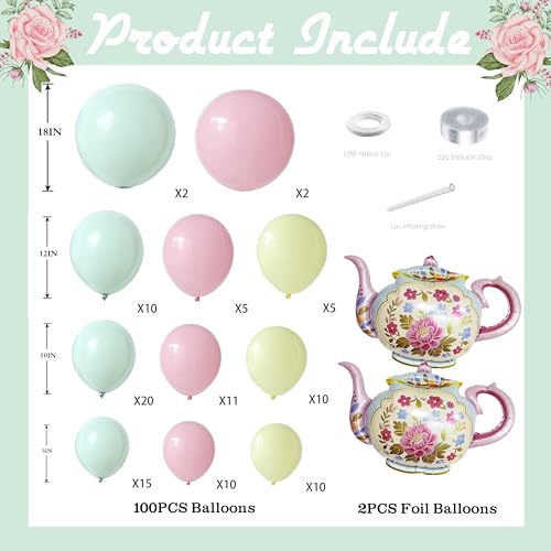 jenlion 102pcs Tea Party Decorations Balloon Garland Arch Kit with 2 Giant Floral Teapot Foil Balloons 1812105 Inch Sage Green Dusty Pink Cream Latex for Girls BirthdayGarden Bridal Shower - Image 5