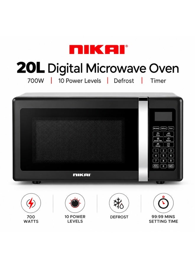 NIKAI Microwave Oven, Digital Touch Control, Child Safety-Lock, 10/11 Power Levels And 6 Auto Menus, Cooking End Signal, Touch Control Panel, Convenient Pull Hand Door 20 L 700 W NM02010DBX Black - Image 1
