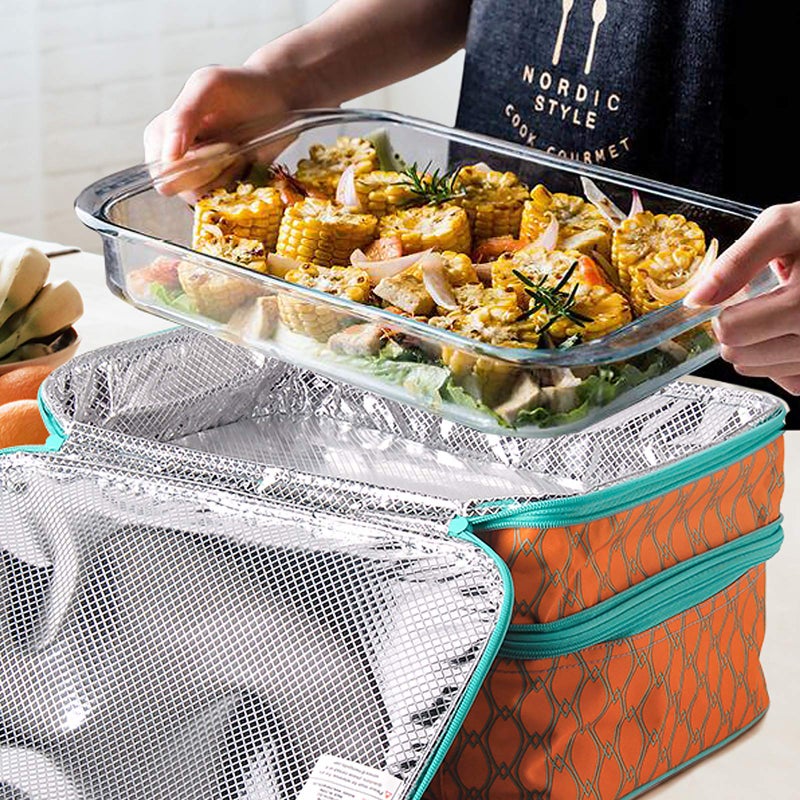 MIER Insulated Double Casserole Carrier Thermal Lunch Tote for Potluck Parties, Picnic, Beach, Fits 9 x 13 Inches Casserole Dish, Expandable by Mid Zipper, Orange - Image 2