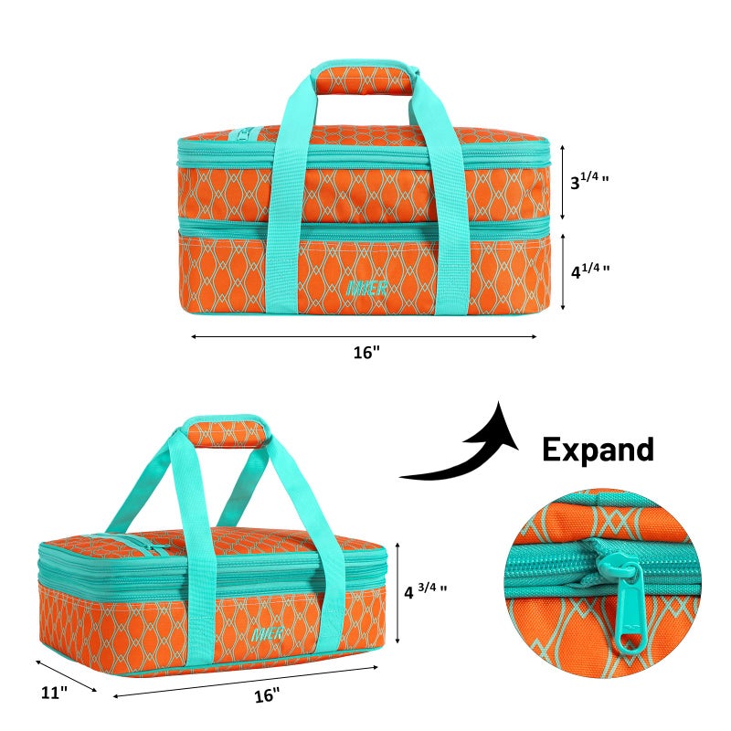 MIER Insulated Double Casserole Carrier Thermal Lunch Tote for Potluck Parties, Picnic, Beach, Fits 9 x 13 Inches Casserole Dish, Expandable by Mid Zipper, Orange - Image 5