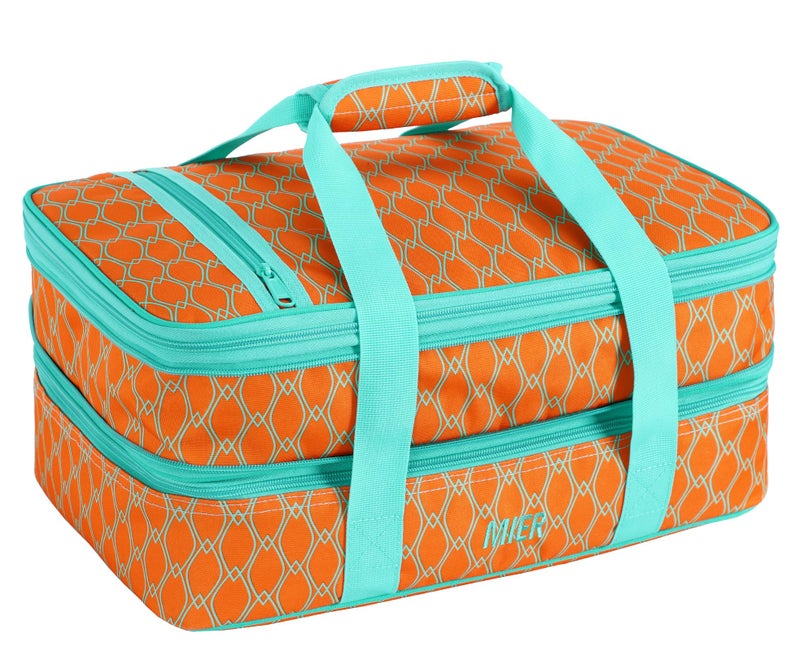 MIER Insulated Double Casserole Carrier Thermal Lunch Tote for Potluck Parties, Picnic, Beach, Fits 9 x 13 Inches Casserole Dish, Expandable by Mid Zipper, Orange - Image 1